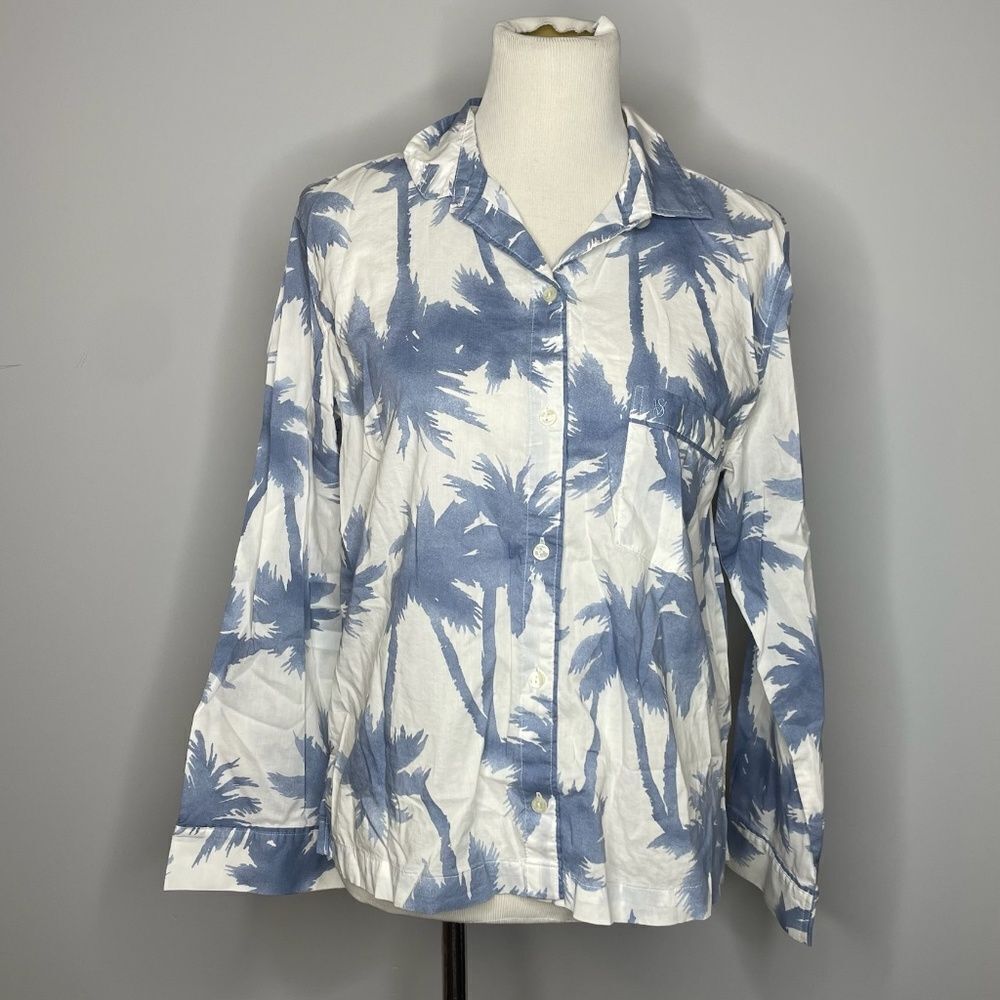 Victoria's Secret- Blue & White Palm Tree Long Sleeve Button Down PJ Top